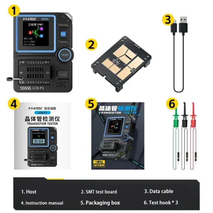 FNIRSI LCR-P1 Multifunction Transistor Capacitor Tester Diodes Triodes MOSFETs ESR NPN PNP SMD Automatic High Precision - Imagem 6